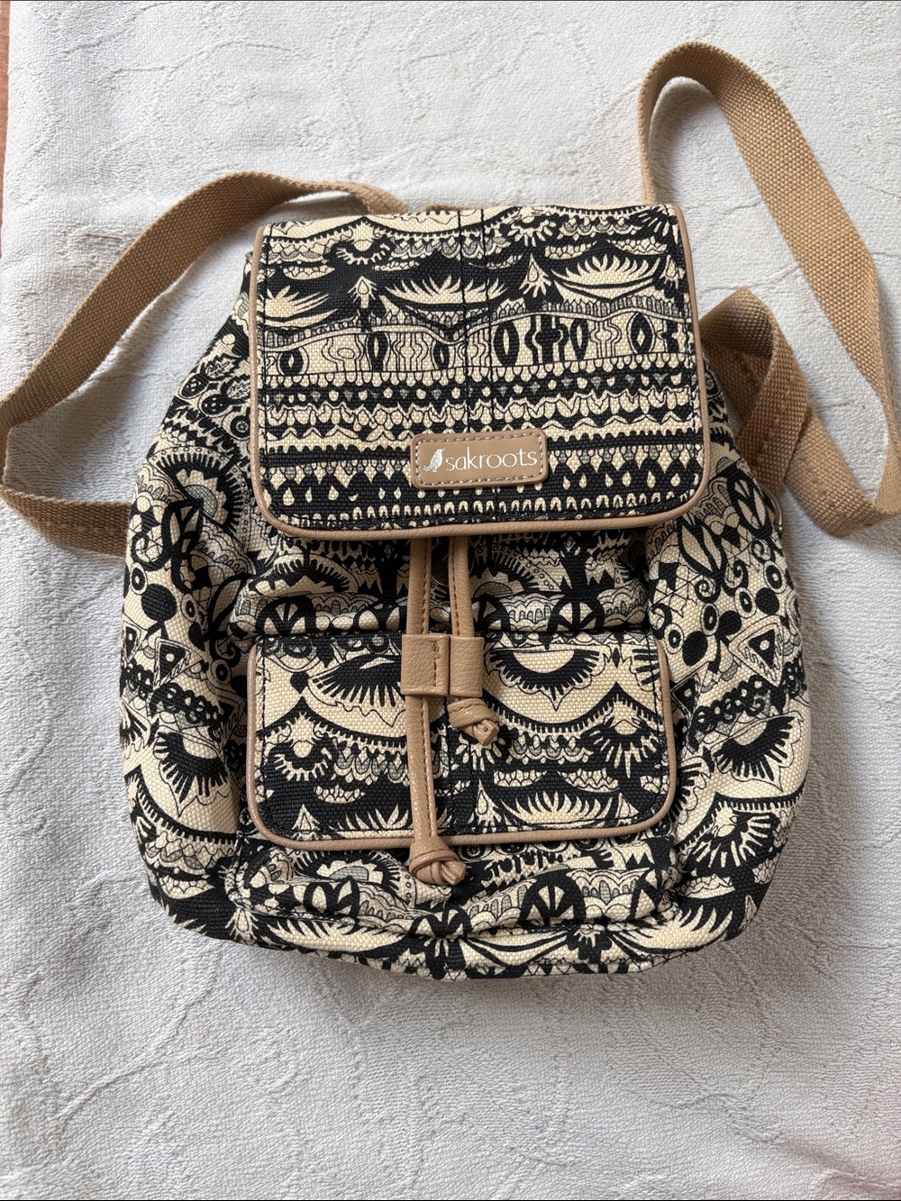 Sakroots Black & Cream Patterned Canvas Drawstring Backpack